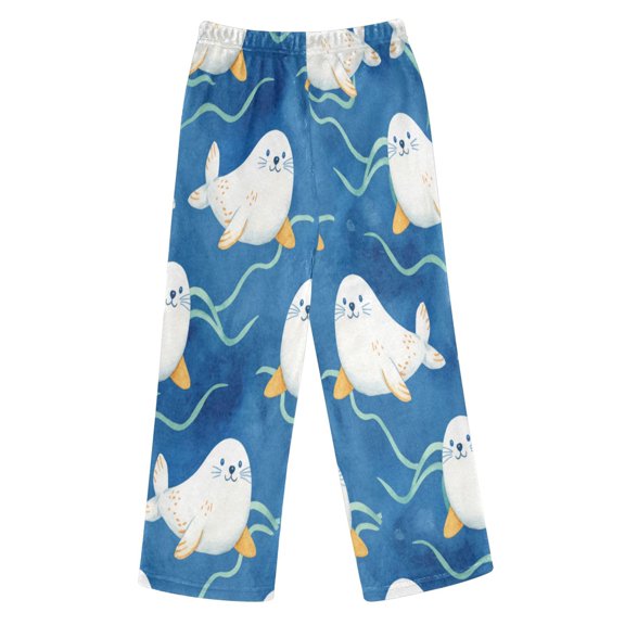 BZSMCE Animal Cute Sea Lions Pattern Printed Loose Fit Flannel Pajama Pants Soft Plush Elastic Waist Loungewear Bottoms with Side Pockets for Indoor Home Wear
