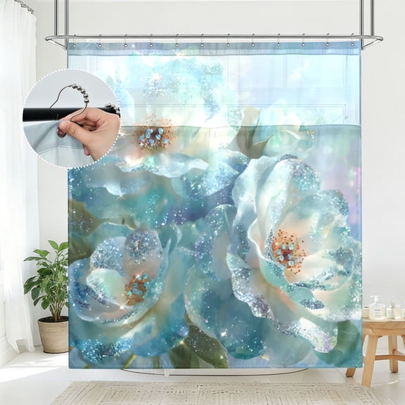 BZSMCE Aqua Crystal Blossoms Pattern Bathroom Shower Curtain Set with Hooks Waterproof Double Layer Fabric 7278 Inch