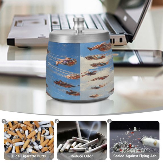 YAZAOO Ashtray for Cigarettes Stainless Creativity Painting Of Rotating Flying Chair Pattern Steel Smokeless Ashtrays