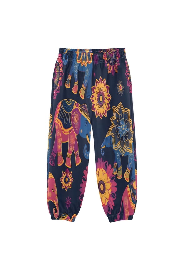 BZSMCE Asian Pattern with Elephants Print Elastic Waist Jogger Pants Lightweight Wind Resistant Casual Athletic Trousers with Cuffed Ankles & Side Pockets
