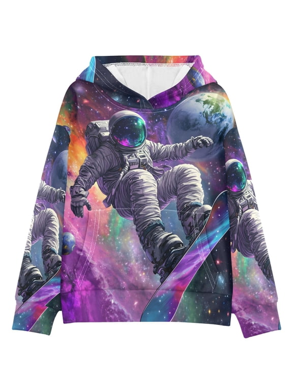 BZSMCE Astronaut Snowboarding Print Hoodie Casual Pullover Sweatshirt With Kangaroo Pocket