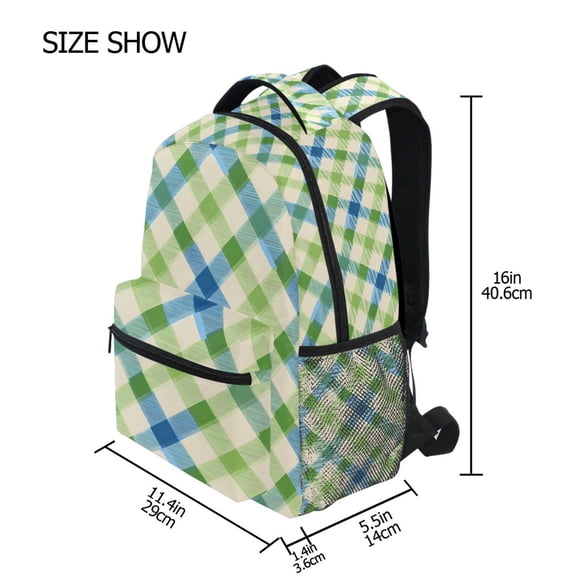 BZSMCE Backpack Schoolbag 15L/18L 2-SIZE Green Blue Plaid Pattern Pattern For the Backbags