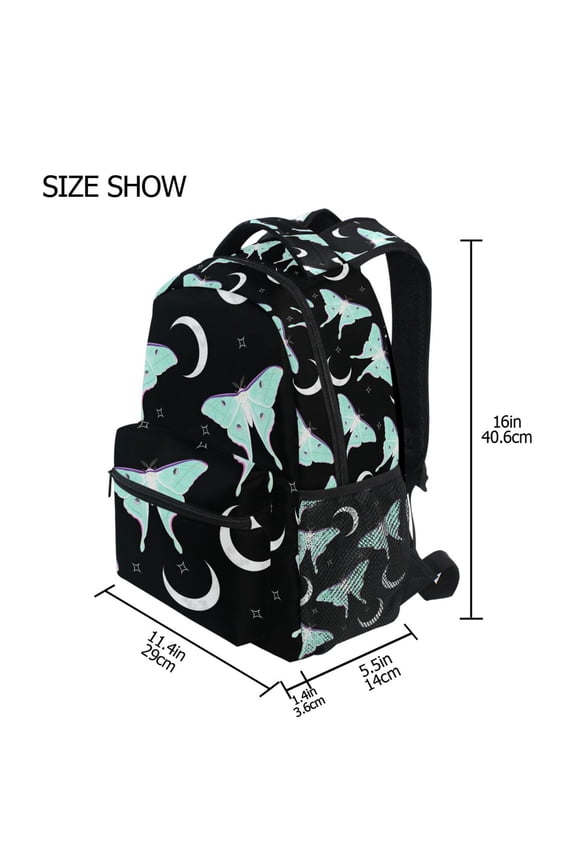 BZSMCE Backpack Schoolbag 15L/18L 2-SIZE Green Moth Moon Pattern Pattern For the Backbags