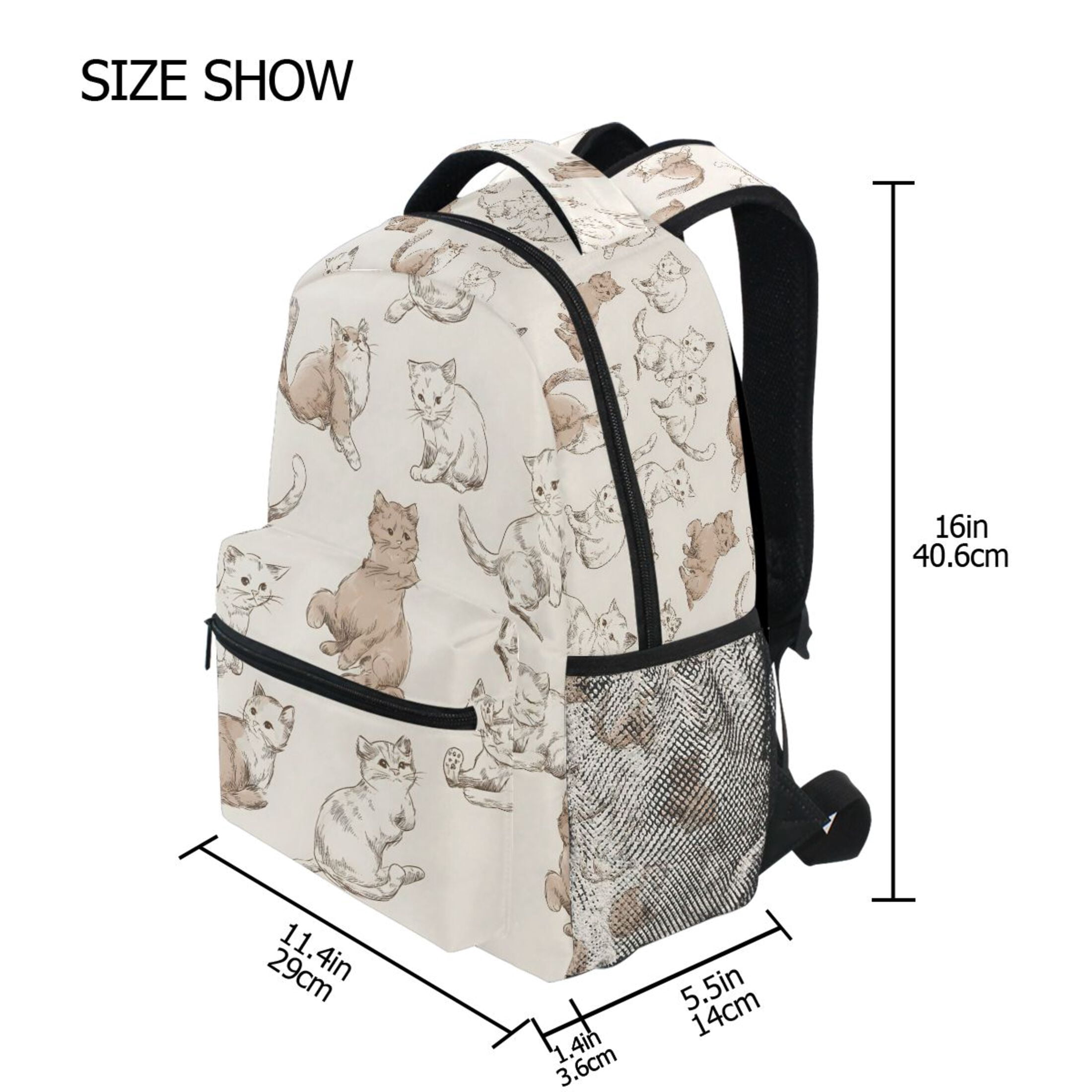 BZSMCE Backpack Schoolbag 15L/18L 2-SIZE Hand Drawn Cat Pattern Pattern ...