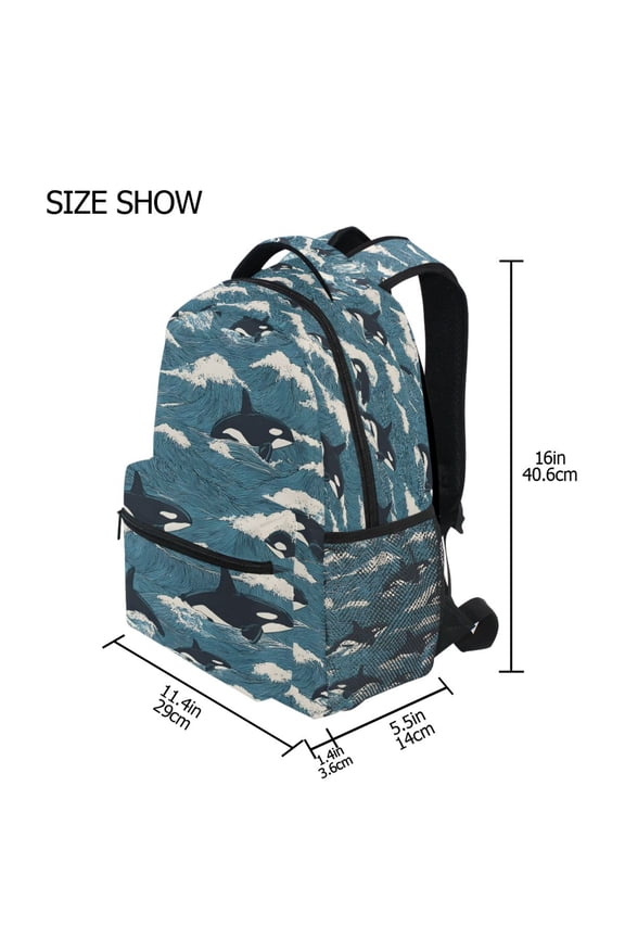 BZSMCE Backpack Schoolbag 15L/18L 2-SIZE Orca Waves Pattern Pattern Pattern For the Backbags