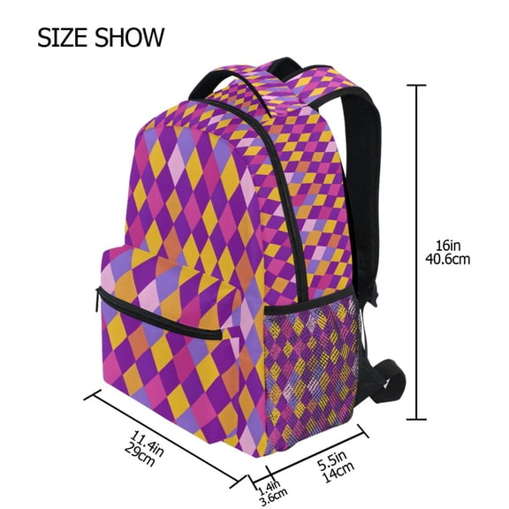 BZSMCE Backpack Schoolbag 15L/18L 2-SIZE Purple Yellow Rhombus Pattern Pattern For the Backbags