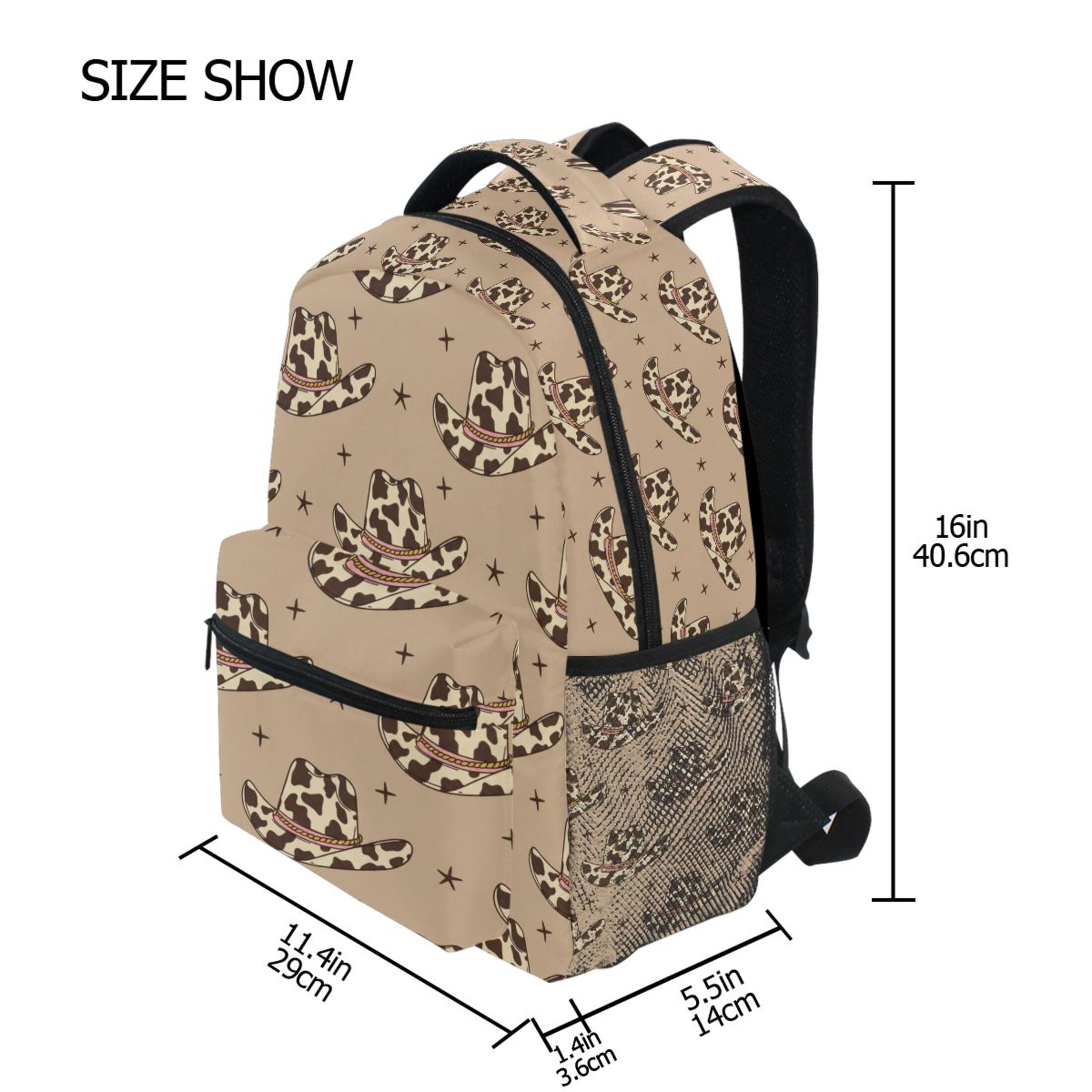 BZSMCE Backpack Schoolbag 15L/18L 2-SIZE Retro Cowboy Hats with Cow Print Wild West Pattern Pattern For the Backbags