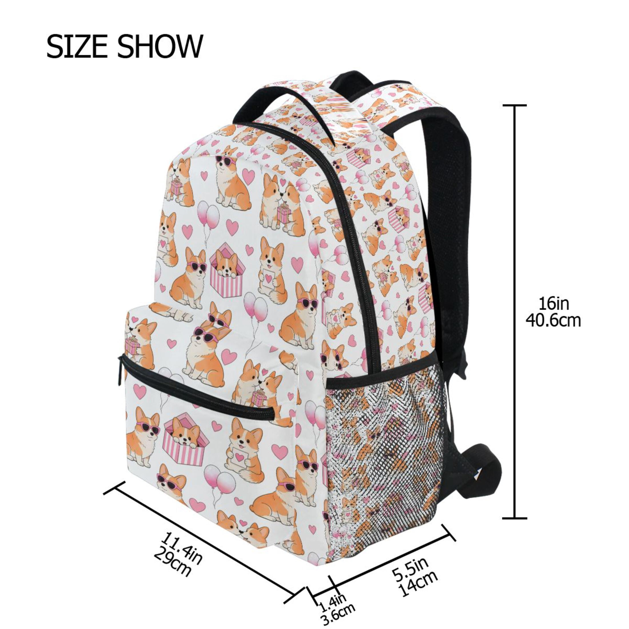 BZSMCE Backpack Schoolbag 15L/18L 2-SIZE Valentine's Day Corgi Pattern ...