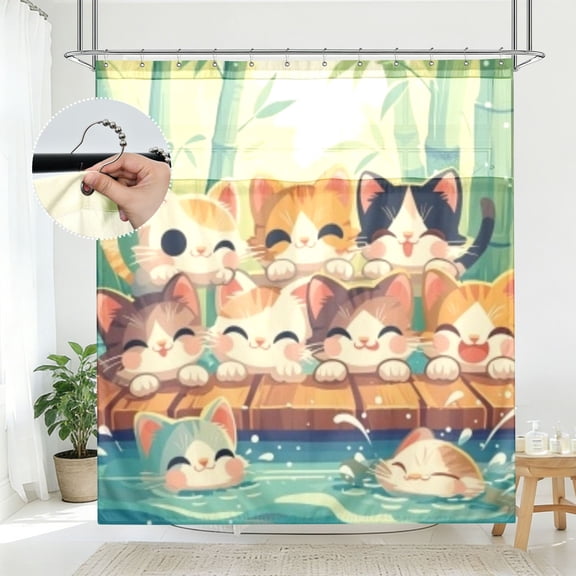 BZSMCE Bamboo Edge Cats and Fishes Pattern Bathroom Shower Curtain Set with Hooks Waterproof Double Layer Fabric 7278 Inch