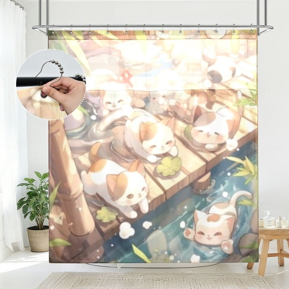 BZSMCE Bamboo Stream Cats Float Pattern Bathroom Shower Curtain Set with Hooks Waterproof Double Layer Fabric 7278 Inch