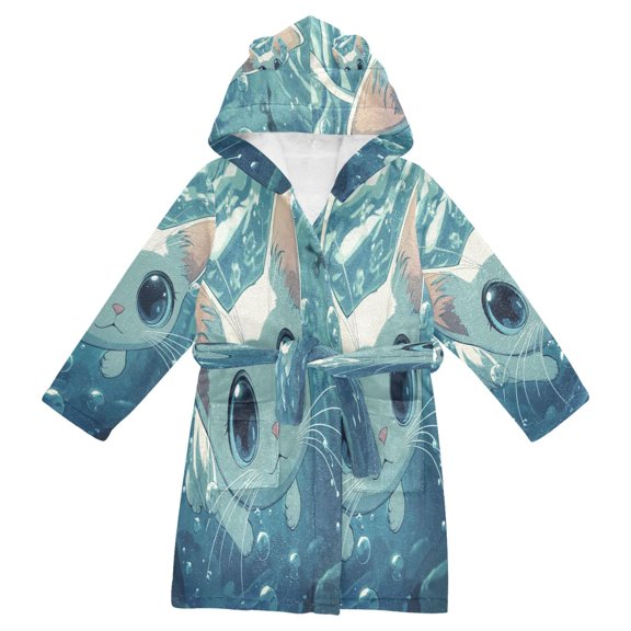 BZSMCE Bathrobes Belt Hooded Bubbly White Kitten Adventure Creative Pattern