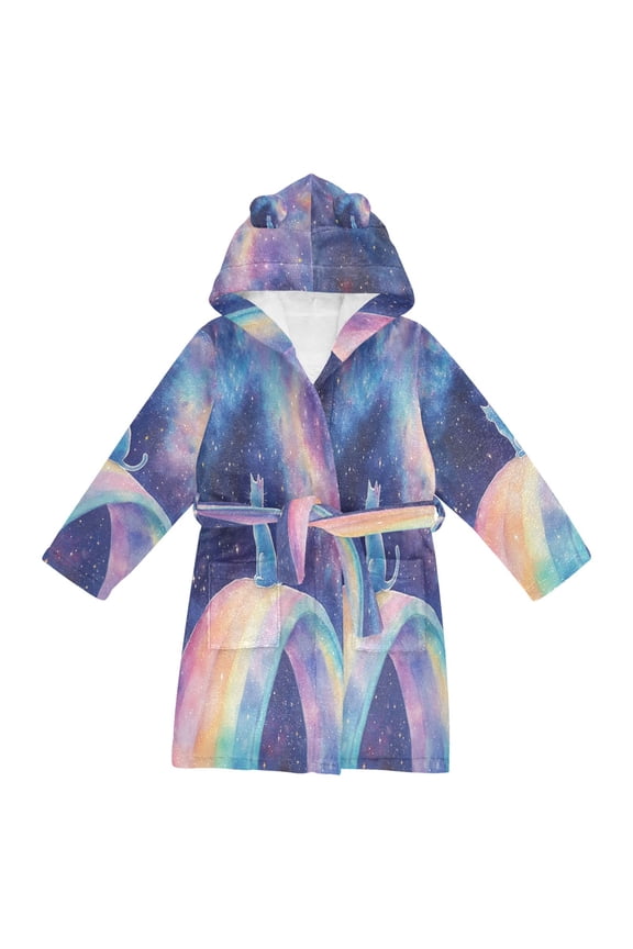 Bathrobes Belt Hooded Celestial Cat on A Rainbow Creative Pattern