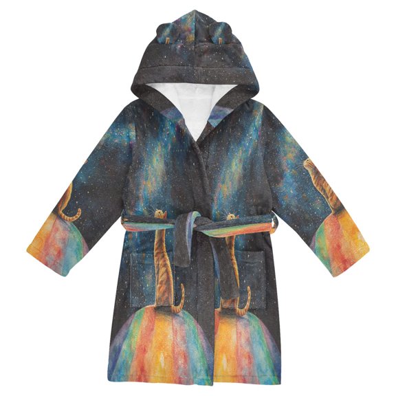 BZSMCE Bathrobes Belt Hooded Cosmic Cat on A Rainbow Creative Pattern