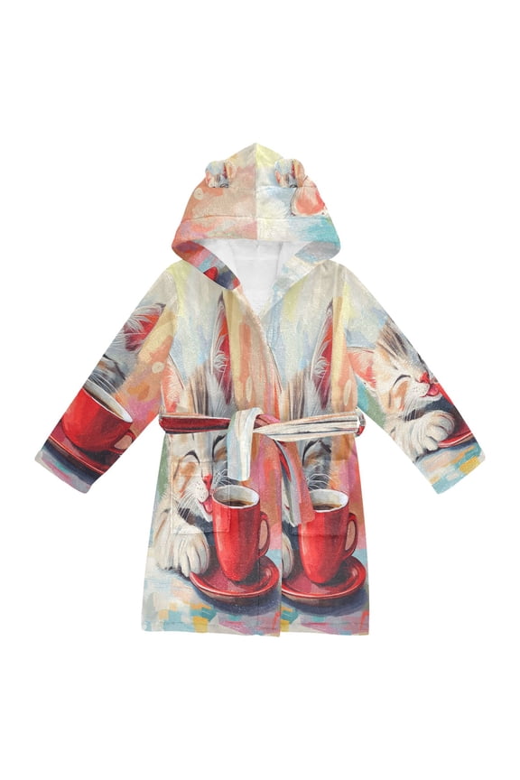 Bathrobes Belt Hooded Cozy Cat Coffee Time Creative Pattern