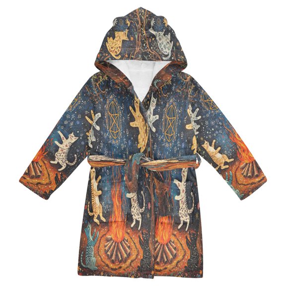 BZSMCE Bathrobes Belt Hooded Mystical Cats by The Campfire Creative Pattern