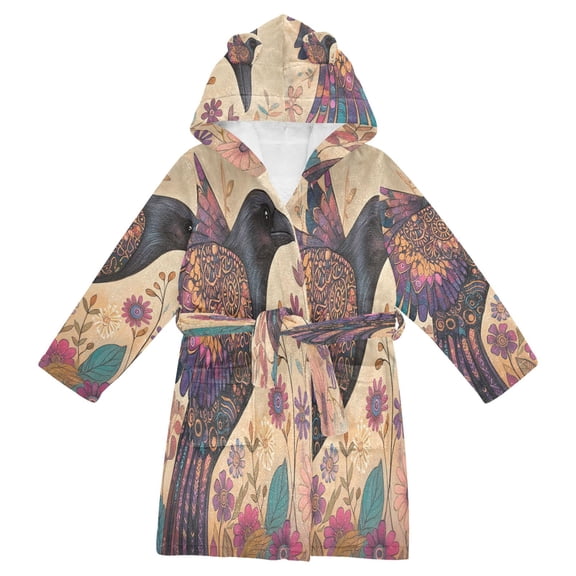 BZSMCE Bathrobes Belt Hooded Mystical Crow Blossom Creative Pattern