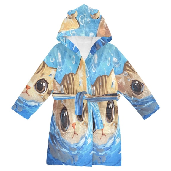 BZSMCE Bathrobes Belt Hooded Playful White Kitten in Water Creative Pattern