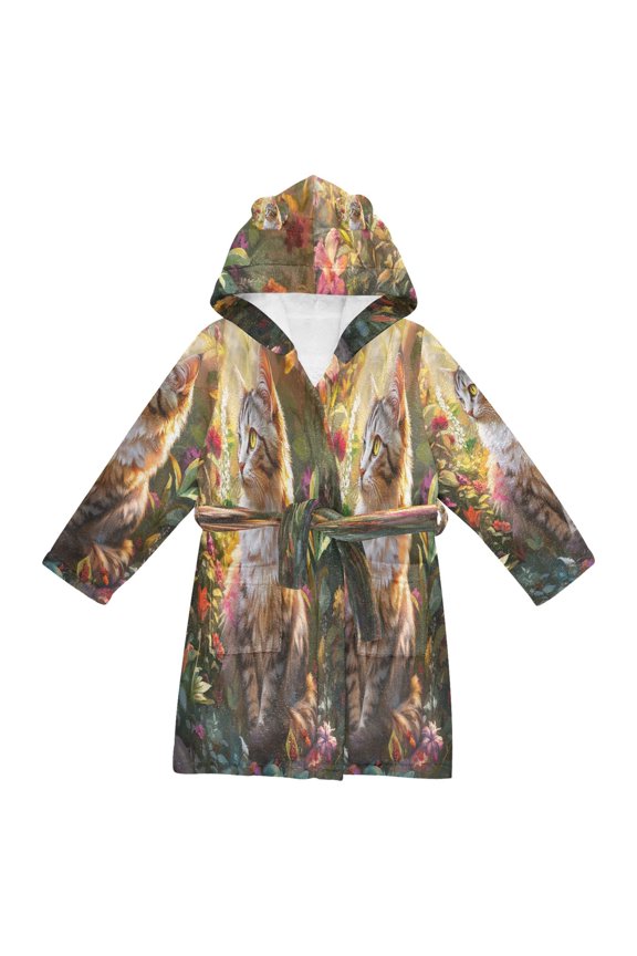 Bathrobes Belt Hooded Radiant Feline in Bloom Creative Pattern