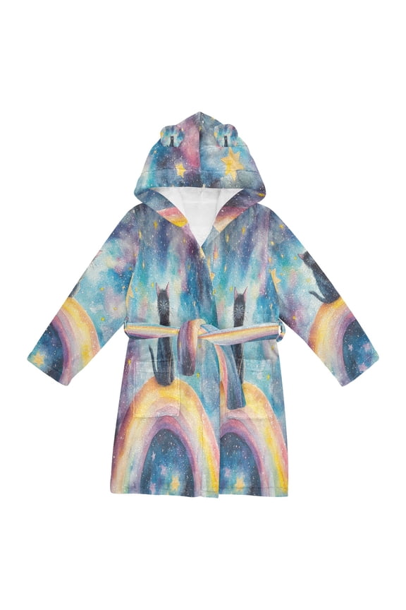 Bathrobes Belt Hooded Whimsical Cat on A Rainbow Creative Pattern