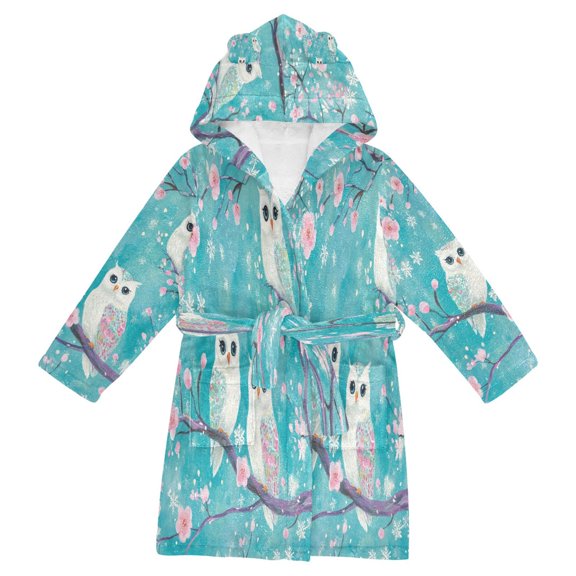 BZSMCE Bathrobes Belt Hooded Whimsical Owls in Spring Creative Pattern