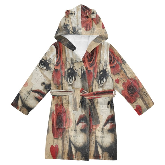 BZSMCE Bathrobes Belt Hooded Woman with Roses Creative Pattern