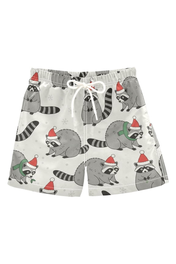 BZSMCE Beach Shorts Trunks Quick Dry Short Cute Racoon Santa Hat Of Printed