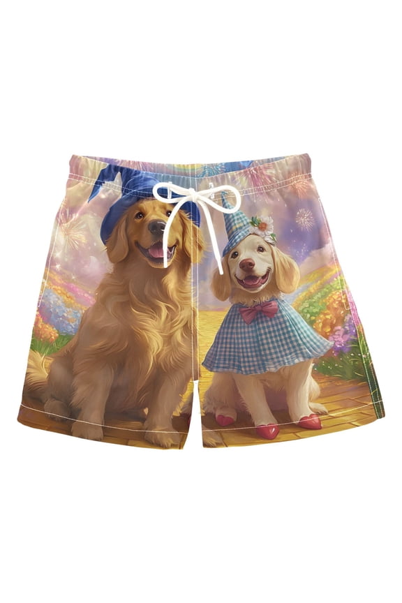 BZSMCE Beach Shorts Trunks Quick Dry Short Golden Retriever Flower Field Rainbow Of Printed