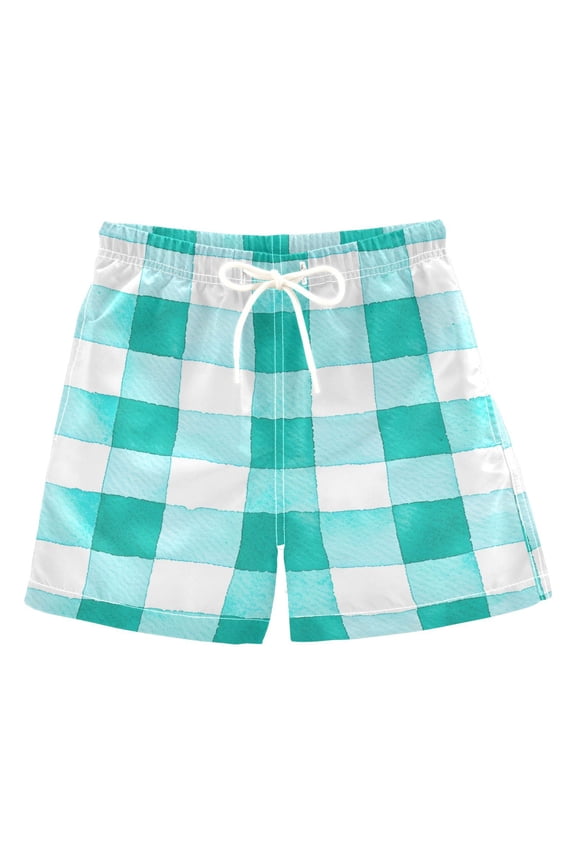 BZSMCE Beach Shorts Trunks Quick Dry Short Teal Check Watercolor Pattern Of Printed