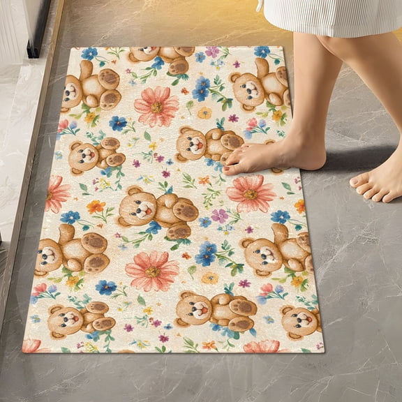 BZSMCE Bear Flower Pattern Pattern 2-Piece Non-Slip Absorbent Bathroom Rug Set, Soft Bath Mat & Toilet Rug