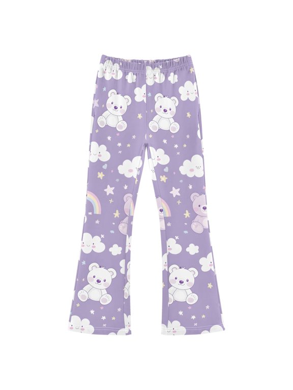 BZSMCE Bear Rainbow Clouds Pattern Print Flared Pants High‑Stretch Elastic Waist Bell‑Bottom Active Lounge Trousers Multi‑Size Pull‑On Casual Bottoms