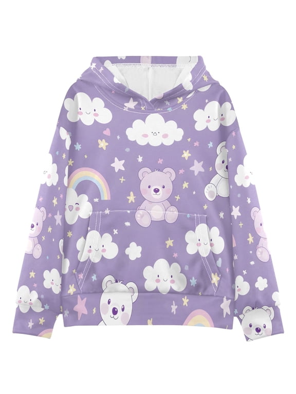 BZSMCE Bear Rainbow Clouds Pattern Print Hoodie Casual Pullover Sweatshirt With Kangaroo Pocket