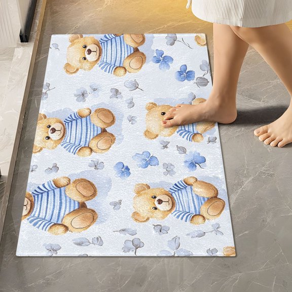 BZSMCE Bear Tile Blue Tile Pattern Pattern 2-Piece Non-Slip Absorbent Bathroom Rug Set, Soft Bath Mat & Toilet Rug