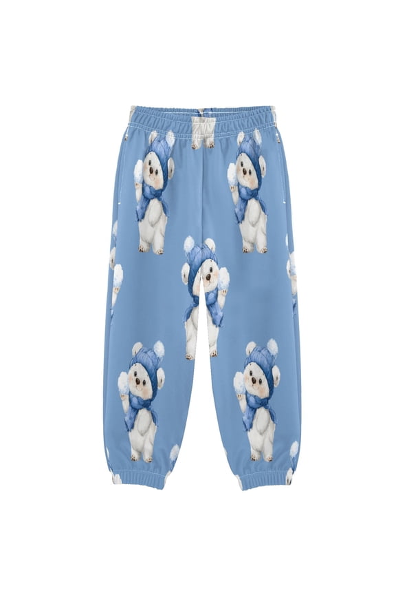 BZSMCE Bear Wearing A Blue Winter Hat Pattern Print Elastic Waist Jogger Pants Lightweight Wind Resistant Casual Athletic Trousers with Cuffed Ankles & Side Pockets