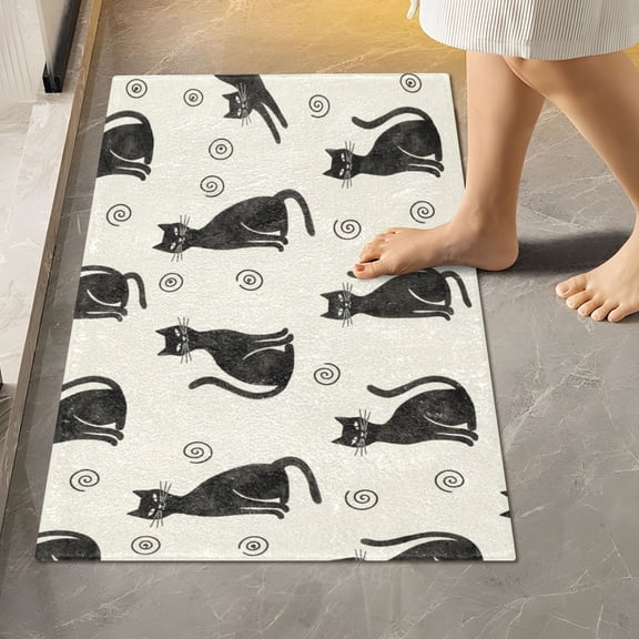 BZSMCE Black Cat Grey Pattern 2-Piece Non-Slip Absorbent Bathroom Rug Set, Soft Bath Mat & Toilet Rug