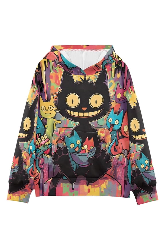 BZSMCE Black Cat Monster Print Hoodie Casual Pullover Sweatshirt With Kangaroo Pocket