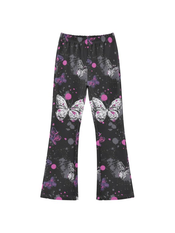 BZSMCE Black Powder Ash Butterfly Camouflage Wind Print Flared Pants High‑Stretch Elastic Waist Bell‑Bottom Active Lounge Trousers Multi‑Size Pull‑On Casual Bottoms