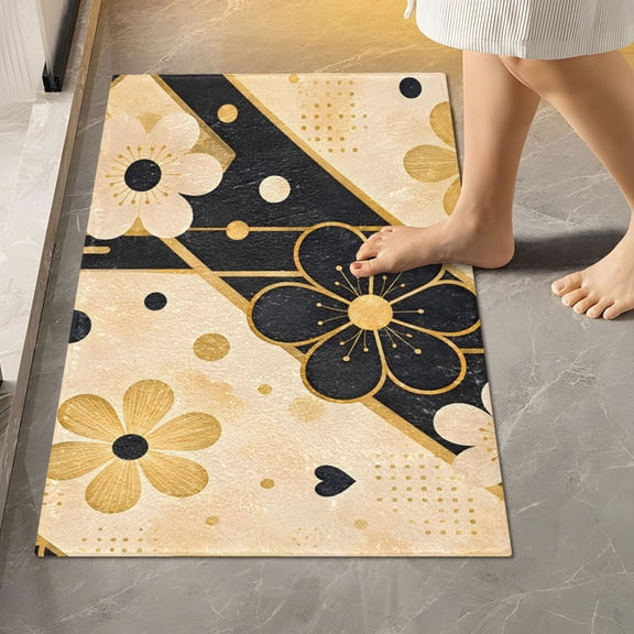 BZSMCE Black-and-gold Floral Pattern Pattern 2-Piece Non-Slip Absorbent Bathroom Rug Set, Soft Bath Mat & Toilet Rug