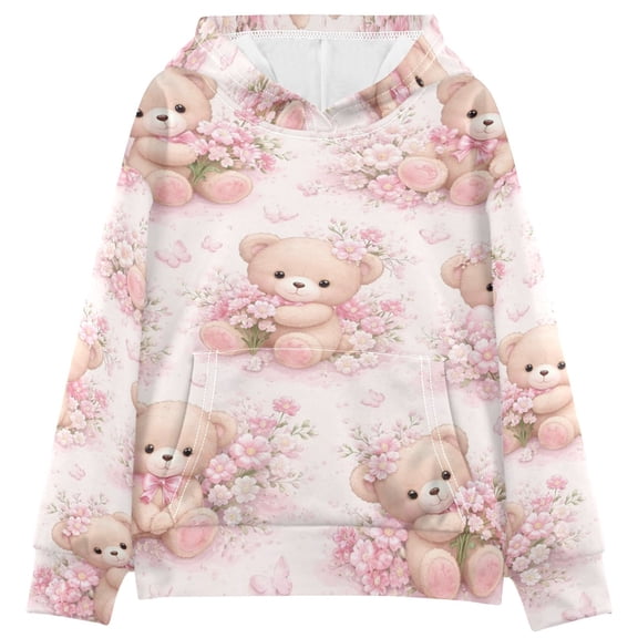 BZSMCE Blossom Bears Hugs Print Hoodie Casual Pullover Sweatshirt With Kangaroo Pocket