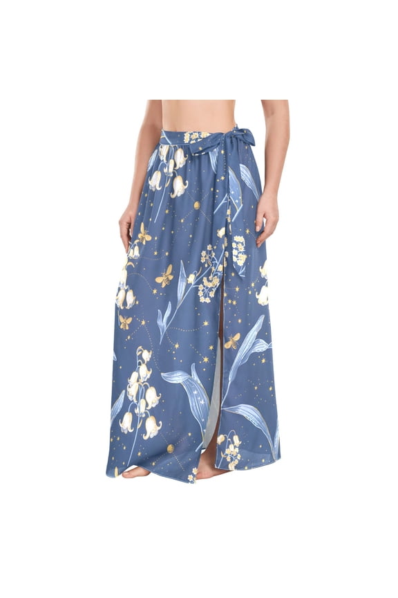 BZSMCE Blue Bell Orchid Pattern Maxi Cover-Up Skirt, Lightweight Quick-Dry Fabric