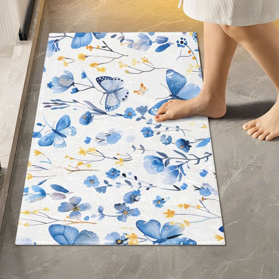 BZSMCE Blue Butterfly Flowers and Grass Pattern 2-Piece Non-Slip Absorbent Bathroom Rug Set, Soft Bath Mat & Toilet Rug