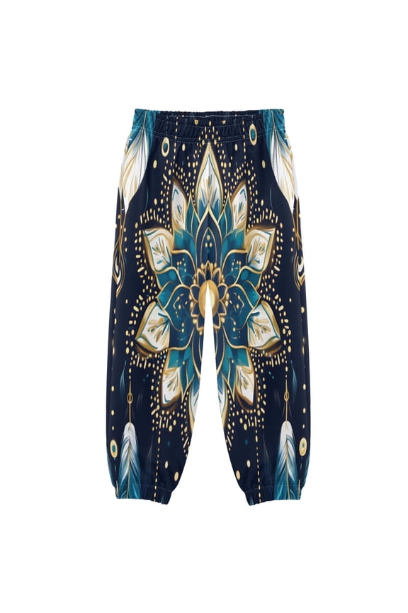 BZSMCE Blue Flower Feathers Pattern Print Elastic Waist Jogger Pants Lightweight Wind Resistant Casual Athletic Trousers with Cuffed Ankles & Side Pockets