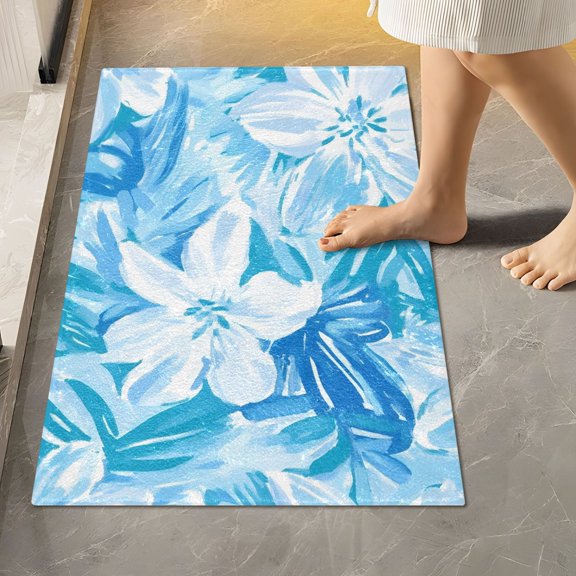 BZSMCE Blue Flower Pattern 2-Piece Non-Slip Absorbent Bathroom Rug Set, Soft Bath Mat & Toilet Rug