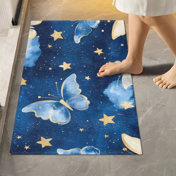BZSMCE Blue Golden Butterfly Pattern 2-Piece Non-Slip Absorbent Bathroom Rug Set, Soft Bath Mat & Toilet Rug