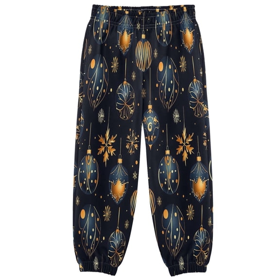 BZSMCE Blue Golden Christmas Ball Pattern Print Elastic Waist Jogger Pants Lightweight Wind Resistant Casual Athletic Trousers with Cuffed Ankles & Side Pockets