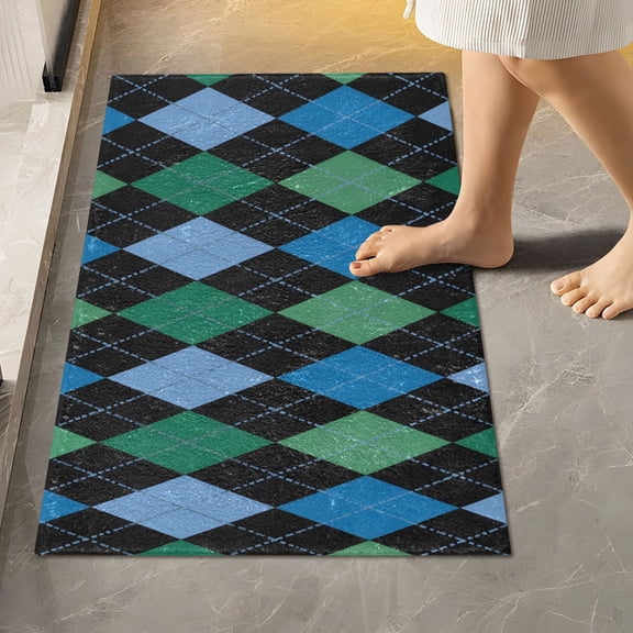 BZSMCE Blue Green Checked Pattern 2-Piece Non-Slip Absorbent Bathroom Rug Set, Soft Bath Mat & Toilet Rug