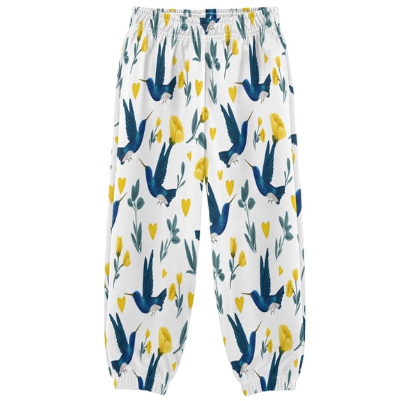 BZSMCE Blue Hummingbirds and Yellow Hearts Pattern Print Elastic Waist Jogger Pants Lightweight Wind Resistant Casual Athletic Trousers with Cuffed Ankles & Side Pockets