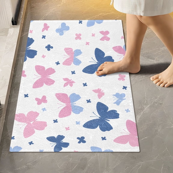 BZSMCE Blue Pink and White Butterflies Pattern Pattern 2-Piece Non-Slip Absorbent Bathroom Rug Set, Soft Bath Mat & Toilet Rug