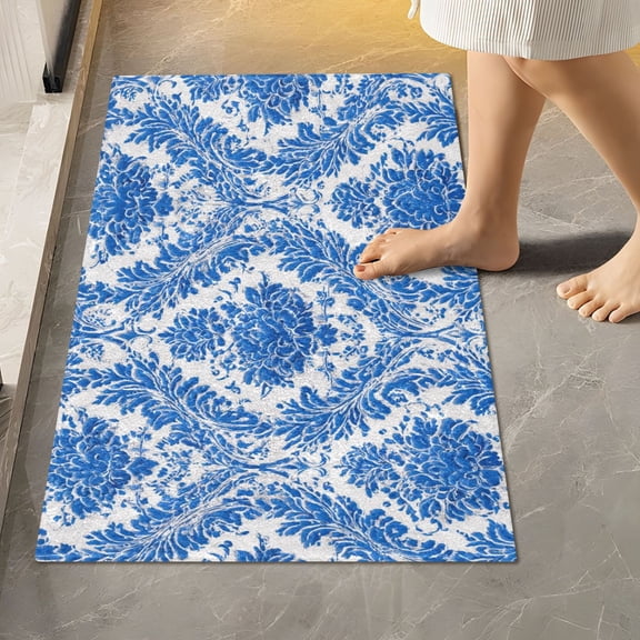 BZSMCE Blue Porcelain Damask Pattern 2-Piece Non-Slip Absorbent Bathroom Rug Set, Soft Bath Mat & Toilet Rug