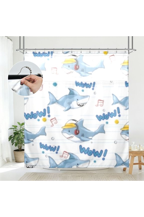 Blue Shark Pattern Pattern Bathroom Shower Curtain Set with Hooks Waterproof Double Layer Fabric 7278 Inch