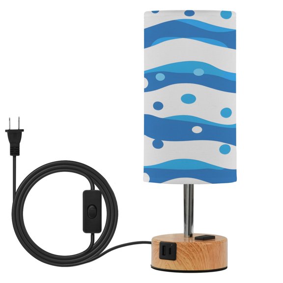 BZSMCE Blue Wave Lines Dots Pattern Printed 3 Color Touch Control Table Lamp Linen Shade LED Nightstand Lamp with Wood Grain BaseUS Standard Power Cord